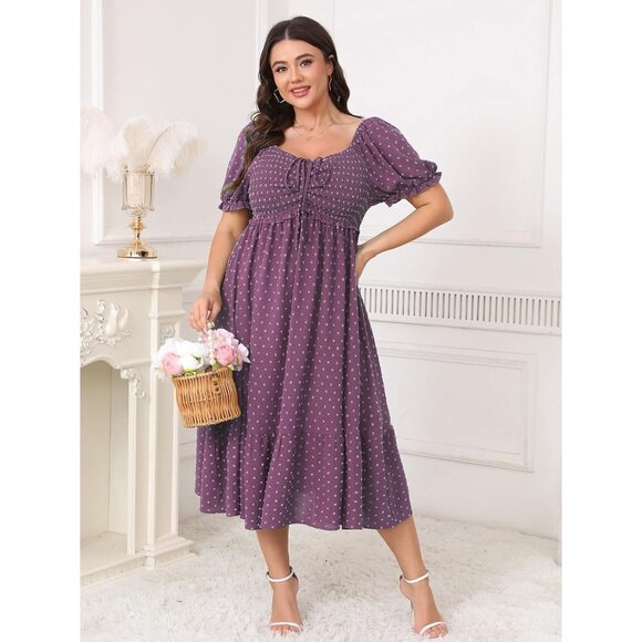 Plus Size Summer Dress Polish Dot Puff Short Sleeve Smocked Ruffle Casual Midi - Picture 2 of 6